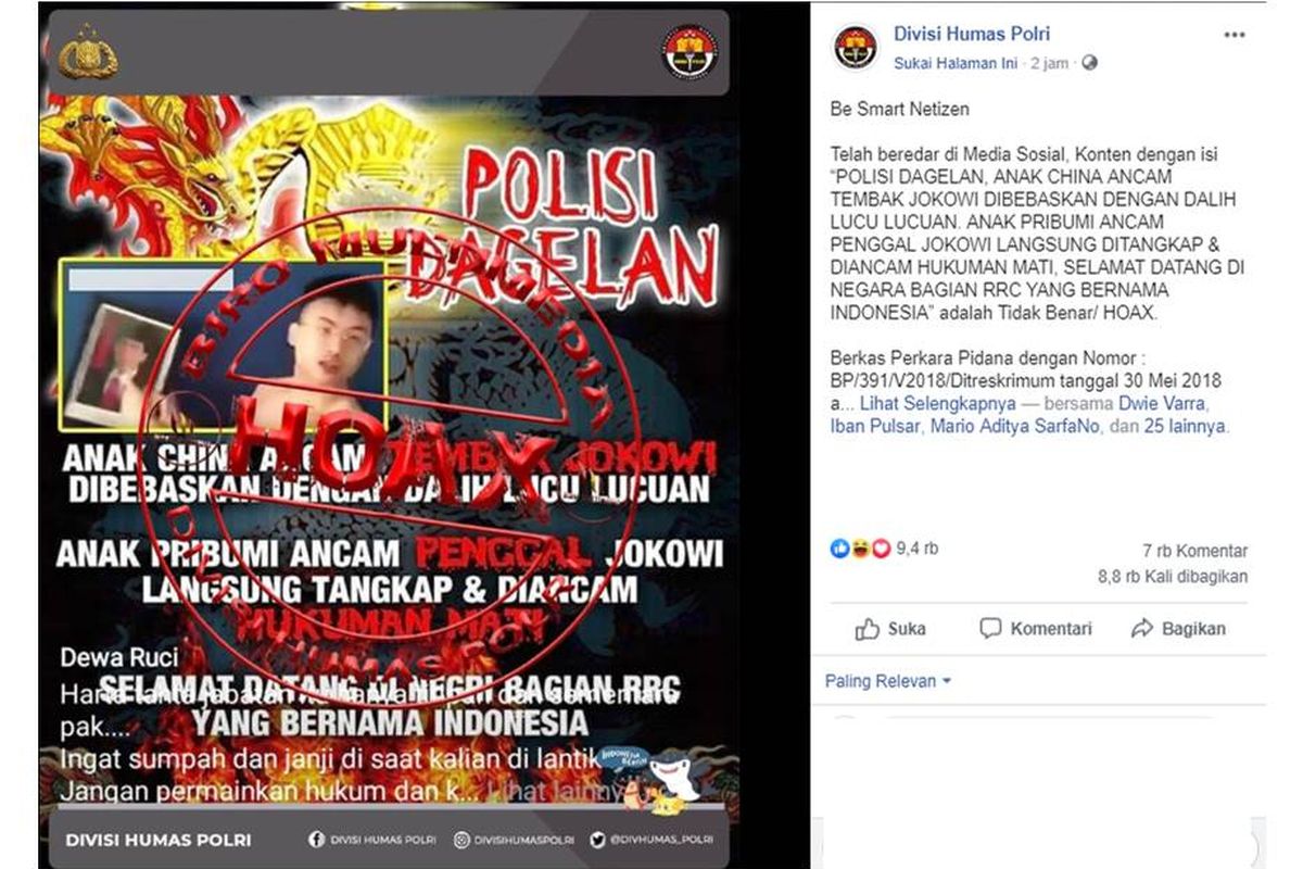 Tangkapan layar penjelasan Divisi Humas Polri mengenai hoaks seputar video ancaman terhadap Jokowi