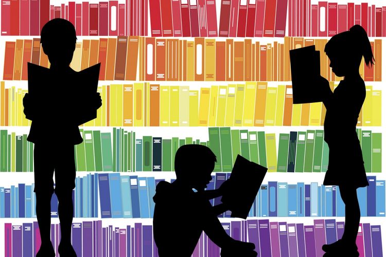 Ilustrasi buku, anak, dan perpustakaan.
