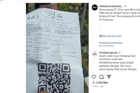 Viral Penumpang Bus PO Sinar Jaya Diturunkan Tidak Sesuai Tujuan di Tiket