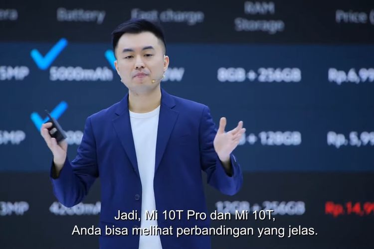 Country Director Xiaomi Indonesia, Alvin Tse membandingkan Mi 10T dan 10T Pro dengan produk lainnya di peluncuran ponsel tersebut.