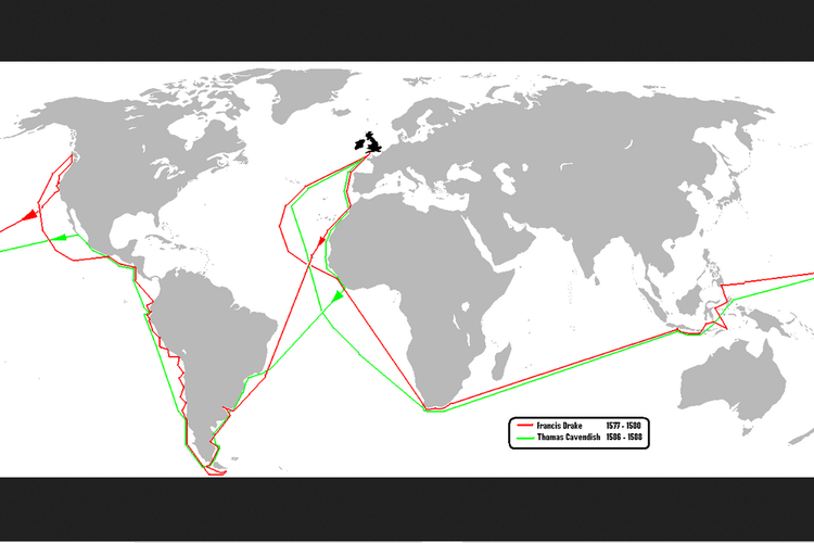 Perbandingan rute pelayaran Thomas Cavendish dan Francis Drake dalam mengelilingi dunia.