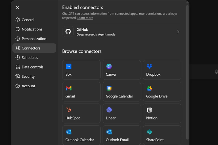 Menu pengaturan Connectors di ChatGPT. Lewat menu ini, pengguna bisa menghubungkan ChatGPT ke berbagai layanan atau aplikasi pihak ketiga yang ditawarkan OpenAI.