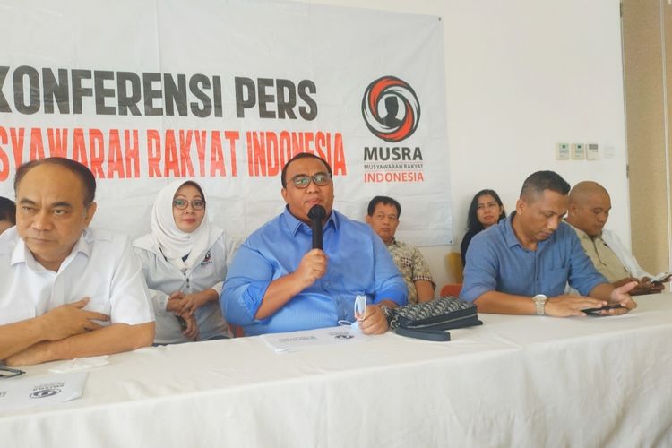 Ketua Dewan Pengarah Musyawarah Rakyat (Musra) Andi Gani Nena Wea saat pemaparan hasil Musra 3 di kawasan Sudirman pada Rabu (26/10/2022).