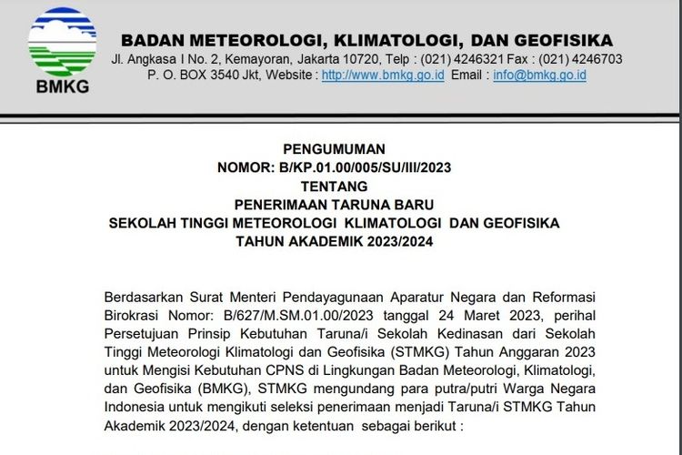 Informasi pembukaan seleksi penerimaan mahasiswa baru (SPMB) STMKG 2023.