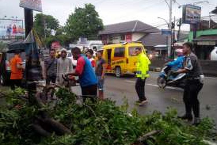 Sebuah pohon peneduh tumbang dan mengenai satu sepeda motor milik pengendara yang sedang berteduh di Jl Jendral Sudirman No.84 Babadan, Ungaran, Kabupaten Semarang, Jumat (18/11/2016) sekitar pukul 15.00.