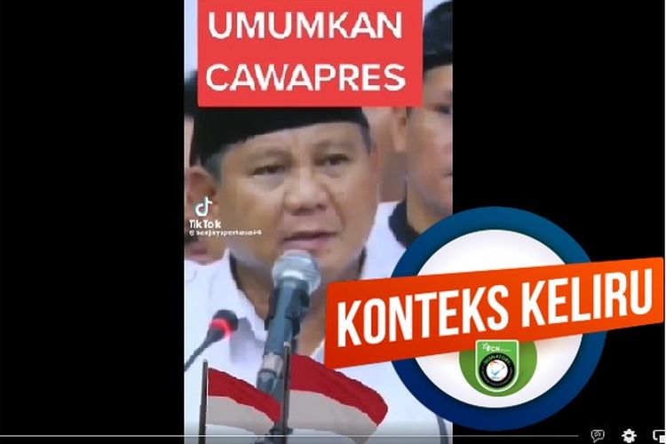 Tangkapan layar Facebook video yang diklaim menampilkan Prabowo mengumumkan cawapresnya