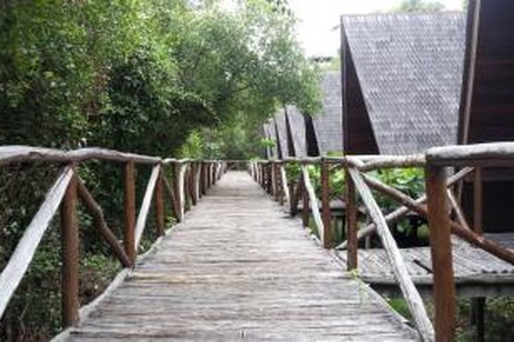 Jalan papan setapak yang mengantarkan pengunjung berkeliling melihat Taman Wisata Alam Angke Kapuk.