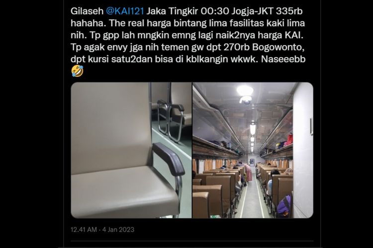 Unggahan salah satu pengguna Twitter yang mengeluhkan mahalnya harga tiket kereta ekonomi rute jakarta-Yogyakarta dan model kursi 90 derajat.