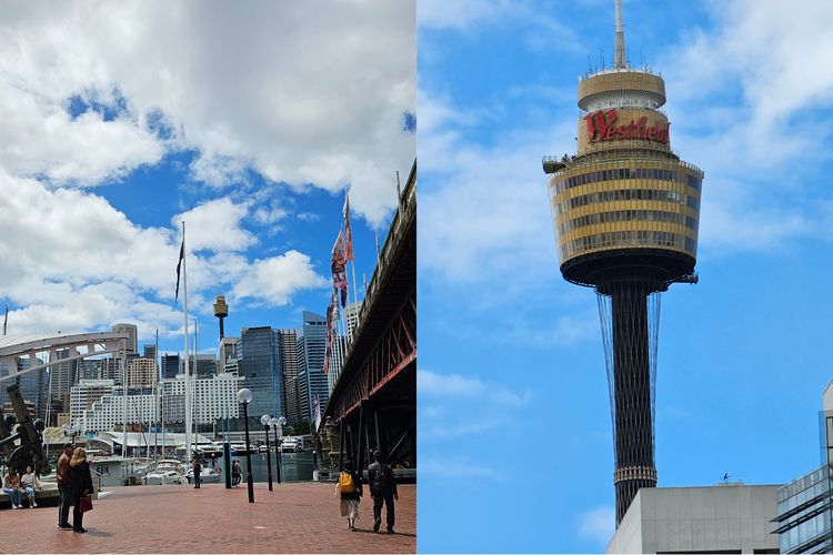 Hasil foto Sydney Tower Eye yang diambil dari area pelabuhan Darling Harbour.