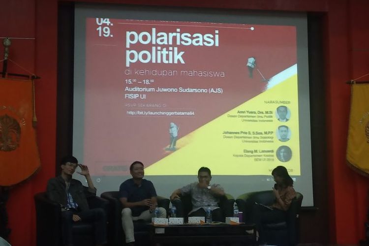 Suara Mahasiswa Universitas Indonesia (UI) menggelar seminar Polarisasi Politik di Kehidupan Mahasiswa digelar di Auditorium FISIP UI (16/04/2019). 