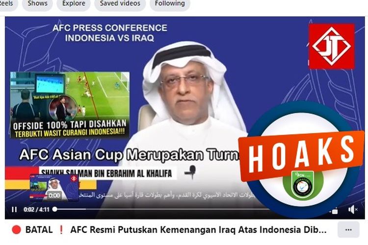 Tangkapan layar Facebook narasi yang menyebut AFC membatalkan kemenangan Irak atas Indonesia