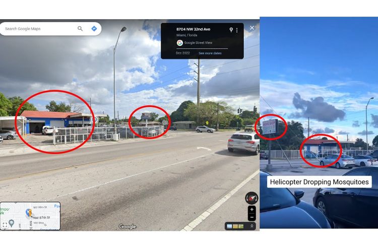 Tangkapan layar lokasi di Google Maps dan video yang beredar, terdapat kesamaan penanda lokasi seperti rumah cat biru dan baliho di West Little River di Miami.