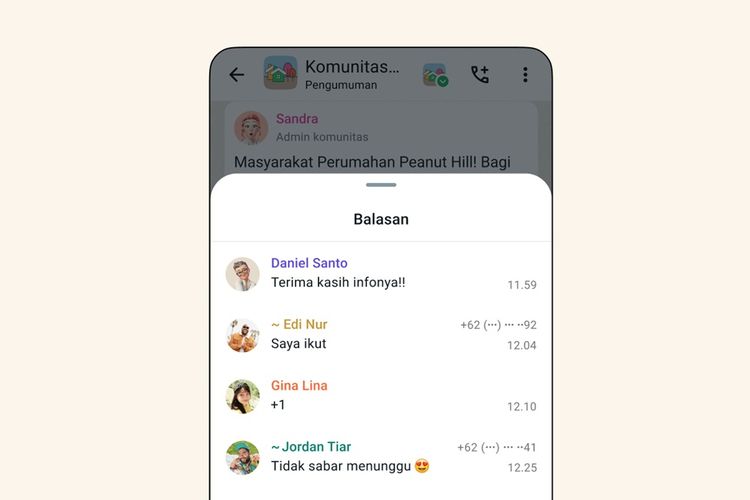 Tampilan fitur balas pengumuman WhatsApp Komunitas