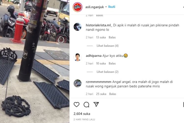 Tangkapan layar postingan akun @asli.nganjuk di Instagram terkait kursi semi pedestrian Jalan Ahmad Yani Nganjuk yang rusak