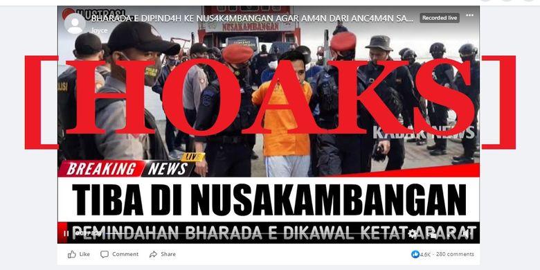 Tangkapan layar Facebook narasi yang menyebut bahwa Bharada E dipindahkan ke Nusakambangan