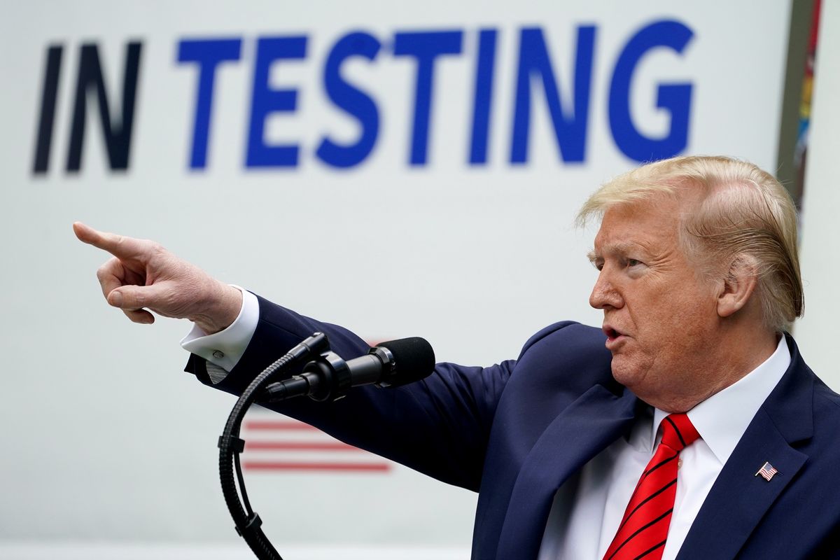 Presiden Amerika Serikat (AS) Donald Trump saat berbicara di konferensi pers virus corona di Rose Garden, Gedung Putih, Washington DC, Senin (11/5/2020).