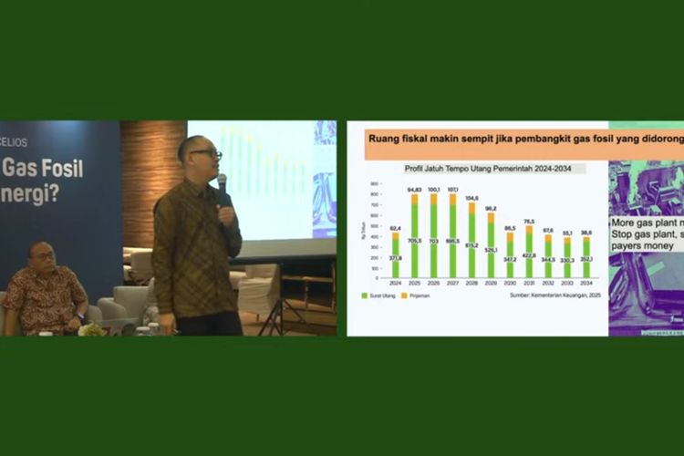 Tangkapan layar dari video yang menunjukkan Direktur Eksekutif Center of Economic and Law Studies (Celios) Bhima Yudhistira menyampaikan pembahasan hasil studi bersama Greenpeace Indonesia, Kamis (24/4/2025).