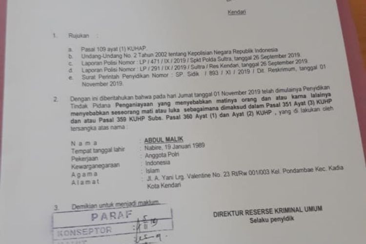 SPDP kasus tewasnya mahasiswa UHO Kendari dari Polda Sultra