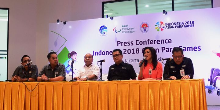 Inapgoc mengumumkan official broadcaster Asian Para Games 2018 saat konferensi pers di GBK Arena pada Senin (24/9/2018).