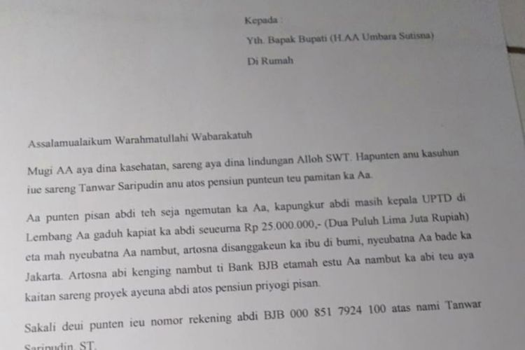 Foto surat tagihan utang sebesar Rp.25.000.000 yang ditujukan kepada Bupati Bandung Barat dari pensiunan pejabat PNS di lingkungan Pemerintah Kabupaten Bandung Barat beredar di WhatsApp Group (WAG), Kamis (31/10/2019).
