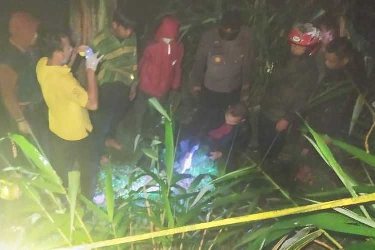 Warga dan polisi mengecek hutan pinus lokasi penemuan bayi di Desa Jingkang, Kecamatan Karangjambu, Purbalingga, Jawa Tengah, Selasa (8/6/2021).
