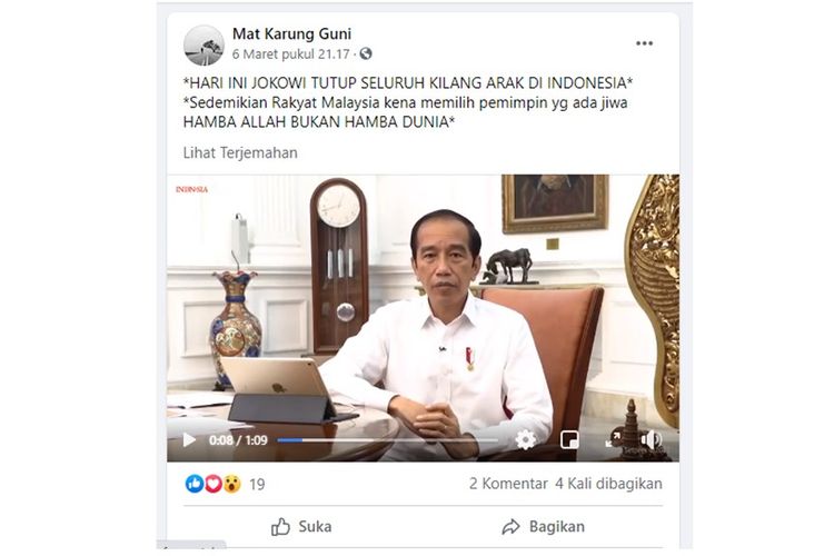 Tangkapan layar yang menyebut Jokowi menutup seluruh pabrik miras di Indonesia