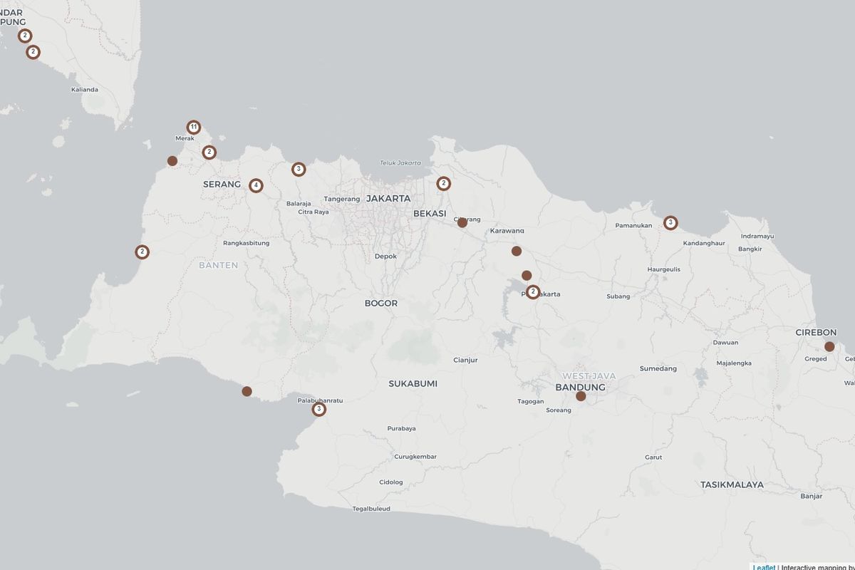 Tangkapan layar peta sebaran pembangkit listrik tenaga uap (PLTU) batu bara di dekat Jakarta.
