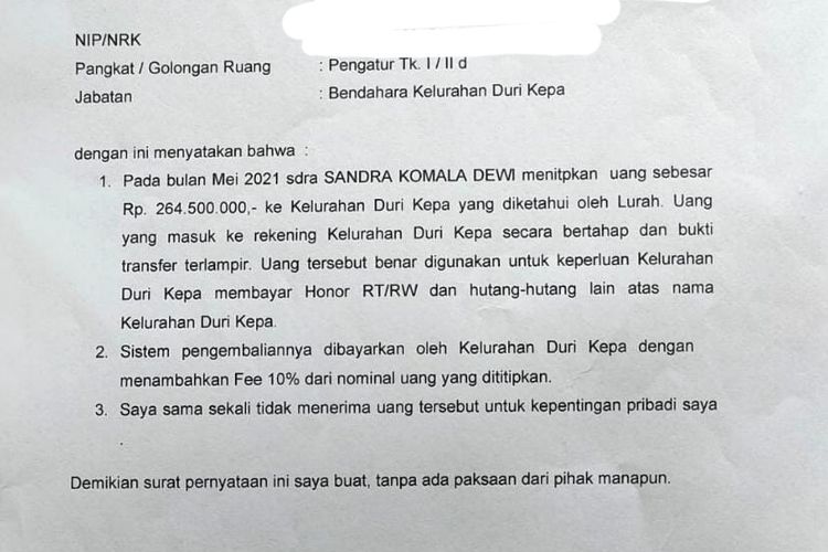 Surat pernyataan yang ditandatangani oleh Bendahara Kelurahan Duri Kepa terkait peminjaman uang ke SK, warga Cibodas, Kota Tangerang.