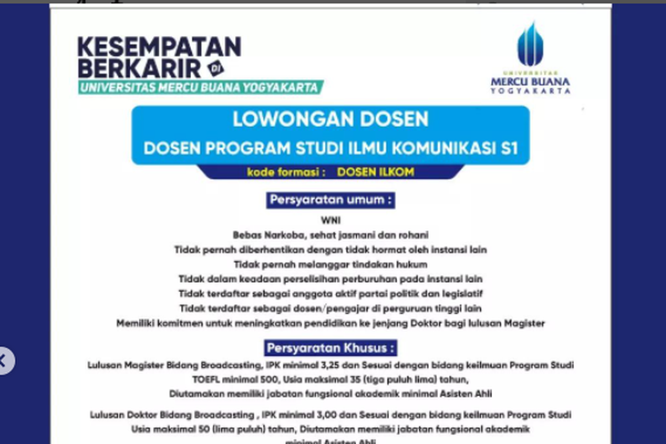 Universitas Mercu Buana Yogyakarta (UMBY) buka lowongan kerja sebagai dosen dan Badan Operasional Perkuliahan Kampus III.