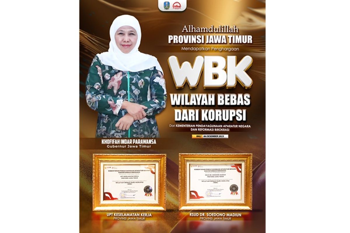 Gubernur Jatim Khofifah Indar Parawansa mengapresiasi raihan penghargaan yang diterima RSUD Dr Soedono Madiun dan UPT Keselamatan Kerja, Dinas Tenaga Kerja dan Transmigrasi Provinsi Jatim. 