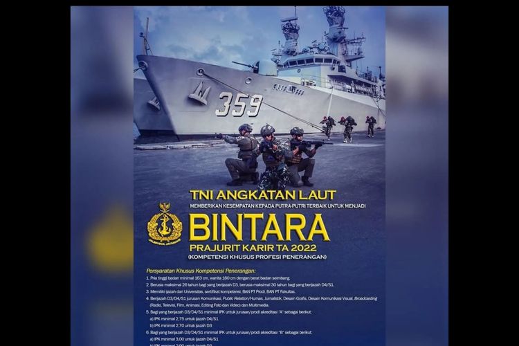 TNI AL membuka lowongan kerja Bintara Prajurit Karir lulusan D3/D4/S1.