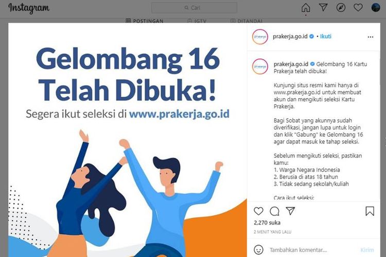 Tangkapan layar instagram Prakerja soal prakerja gelombang 16 dibuka