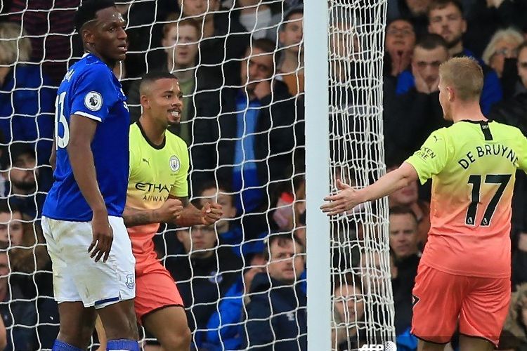 Gabriel Jesus merayakan golnya pada pertandingan Everton vs Manchester City dalam lanjutan Liga Inggris di Stadion Goodison Park, 28 September 2019. 