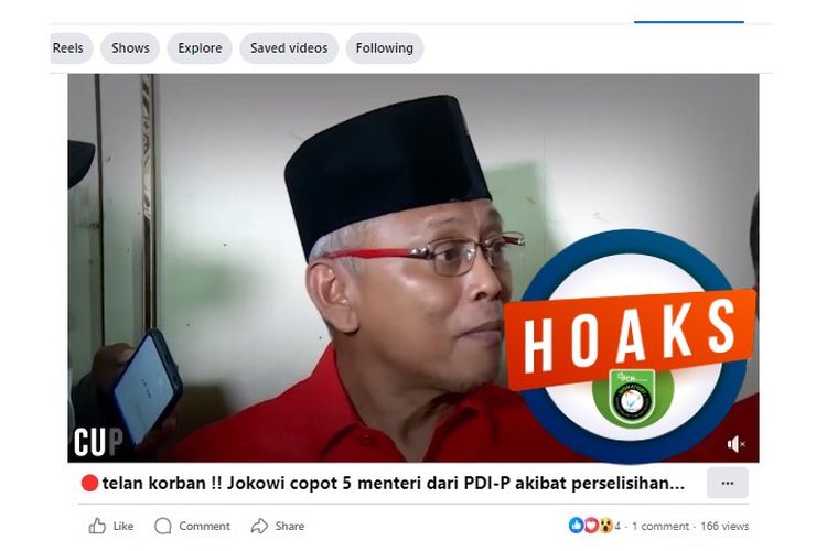 Tangkapan layar Facebook narasi yang menyebut Jokowi mencopot lima orang menteri PDI-P dari Kabinet Indonesia Maju