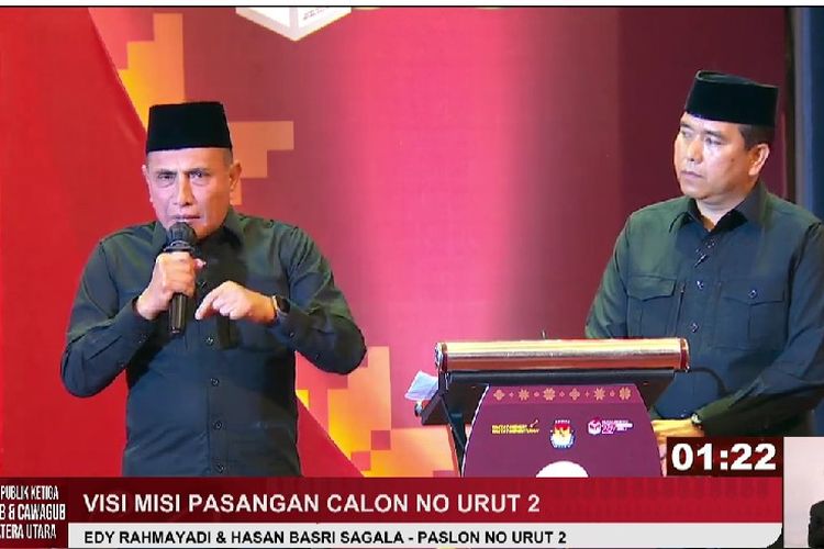 Calon gubernur dan wakil gubernur Sumut nomor urut 2 Edy Rahmayadi-Hasan Basri Sagala saat debat Pilgub Sumut, Rabu (13/11/2024).