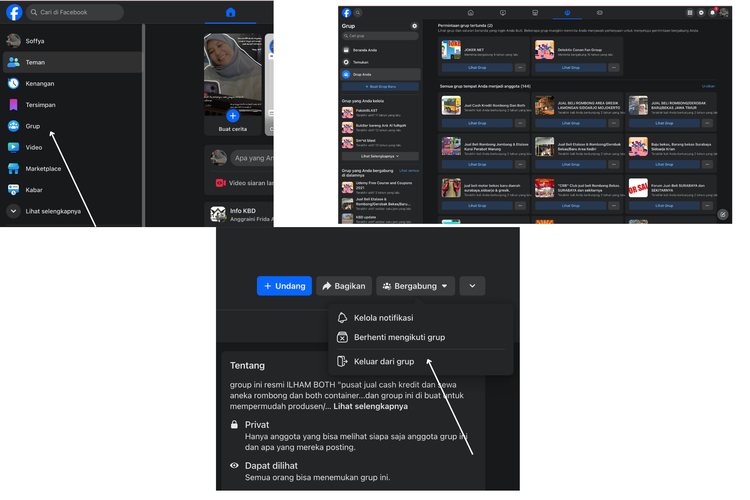 Ilustrasi cara keluar grup Facebook