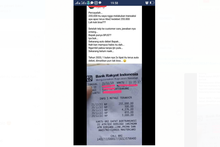 Sebuah tangkapan layar tentang BPJS memotong otomatis saldo rekening tanpa ijin tersebar di media sosial