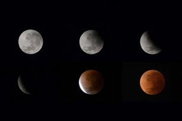 Gabungan enam foto yang menunjukkan fase gerhana bulan yang terpantau di Buenos Aires, 15 April 2014. Gerhana bulan kali ini terbilang langka karena bulan berubah warna dari oranye ke merah darah.