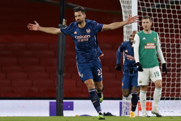 Selebrasi bek Arsenal Pablo Mari usai mencetak gol ke gawang Rapid Wina pada laga matchday 5 Liga Europa 2020-2021 di Stadion Emirates, Kamis (3/12/2020) atau Jumat dini hari WIB. Pablo Mari menjadi salah satu korban penusukan di Milan, Italia, Kamis (27/10/2022).