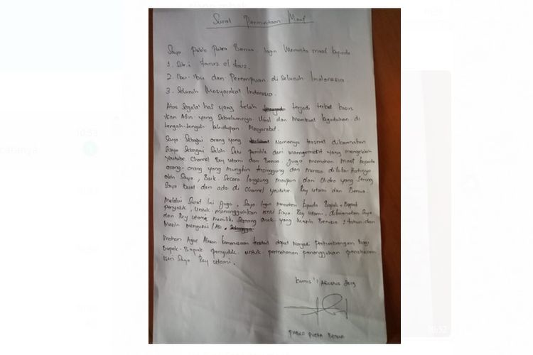 Surat permintaan maaf dari Pablo Benua yang ditujukan kepada Fairuz A Rafiq terkait video ikan asin.