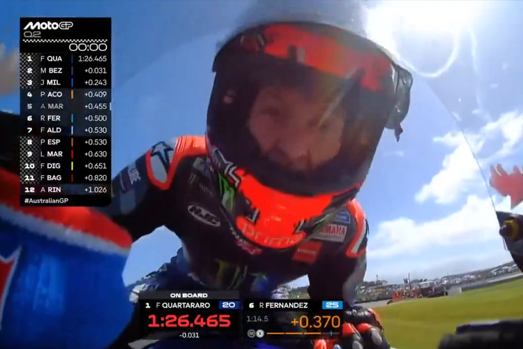 Ekspresi pebalap Yamaha, Fabio Quartararo, usai menyabet pole position di sesi Kualifikasi MotoGP Australia 2025 pada Sabtu (18/10/2025).