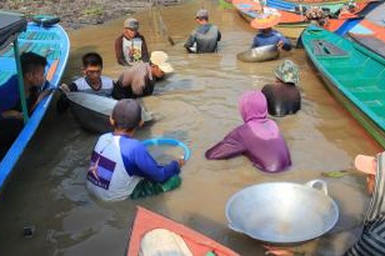 Warga Kukar berbondong-bondong mendatangi Desa Sabintulung, lokasi penemuan harta karun yang berupa koin emas peninggalan Kerajaan Kutai