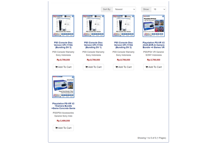 Ilustrasi stok PS5 yang tersedia di situs penjualan Multigame.