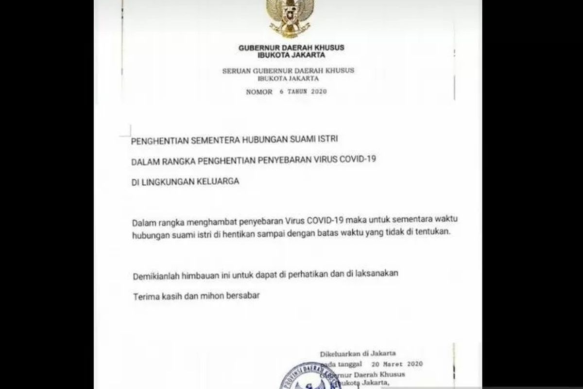 Tangkapan layar hoaks terkait Surat Seruan Gubernur DKI Jakarta Nomor 6 Tahun 2020 tentang Penghentian Sementara Hubungan Suami Istri Dalam Rangka Penghentian Penyebaran COVID-19.