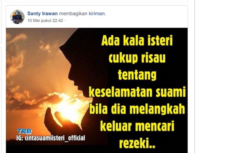 Kerisauan Santy Irawan, istri Joko Wirawan korban pembunuhan sadis yang mayatnya di buang ke Sungai Cimpu, Kecamatan Suli, Kabupaten Luwu, tergambar di dinding akun Facebooknya, Selasa (21/05/2019). Sumber Facebook.