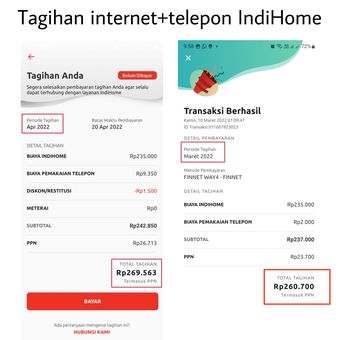 Tangkapan layar detail tagihan internet+telepon IndiHome bulan April (kiri) vs Maret (kanan) 2022.