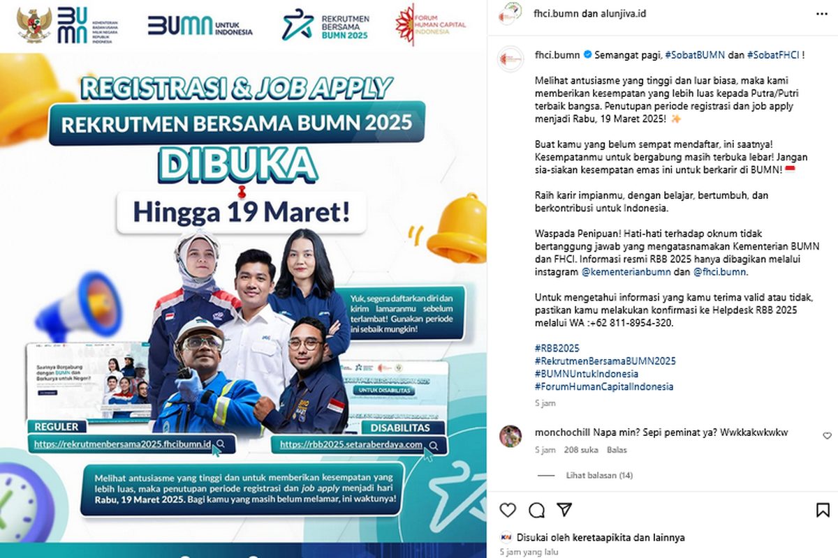 Registrasi dan job apply rekrutmen bersama BUMN 2025 diperpanjang sampai 19 Maret 2025. Pendaftaran rekrutmen bersama BUMN 2025 diperpanjang sampai 19 Maret 2025. Rekrutmen bersama BUMN 2025. Rekrutmen BUMN.