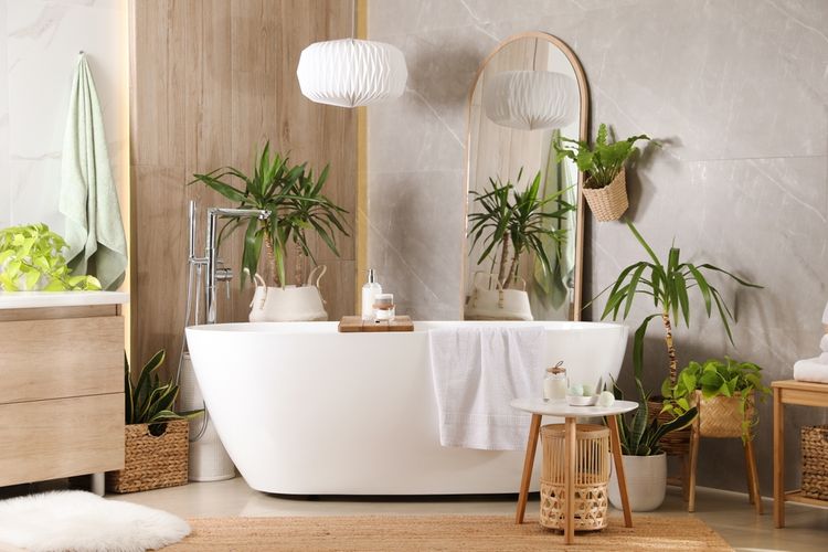 Ilustrasi kamar mandi di dekorasi dengan elemen kayu