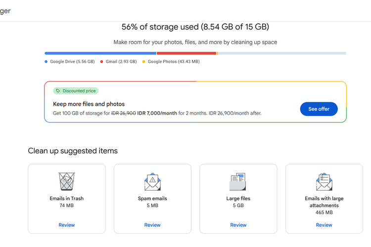 Ilustrasi cara mengosongkan Google Drive yang penuh lewat Google One.