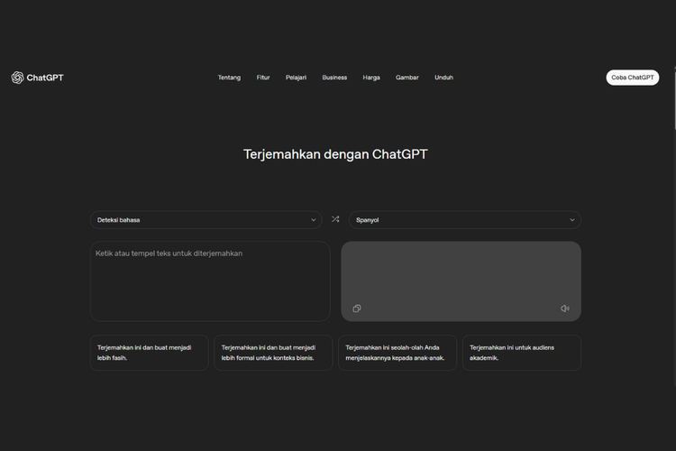 Tampilan fitur penerjemah ChatGPT Translate. Layanan terjemahan ini mendukung penerjemahan ke dan dari lebih dari 50 bahasa. 
